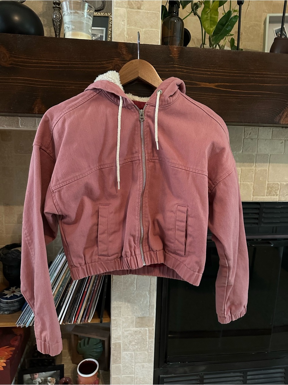 Women's Cropped Sherpa-Lined Hoodie Jacket — Dusty Rose